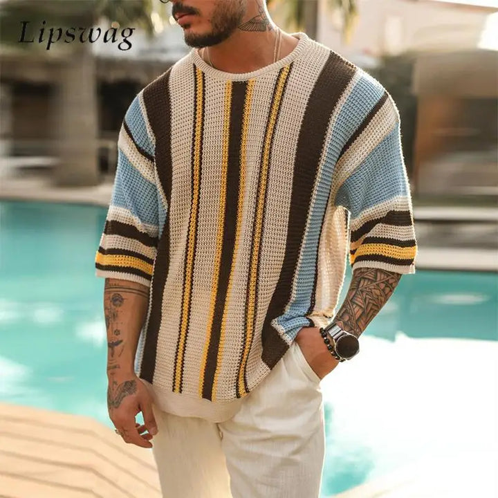 Striped Crochet Knit T-Shirt